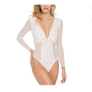 NWT INC Intimates Mesh Cheeky Lace Bodysuit Bridal White Festival Fairy Large 88
